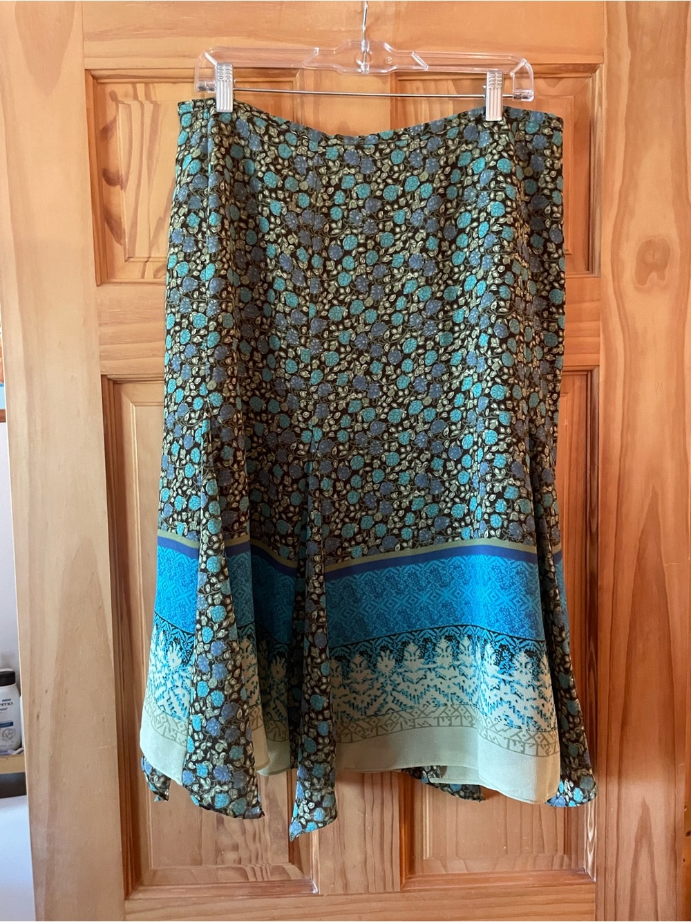 Emma James Teal and Olive Border-Print A-Line Skirt